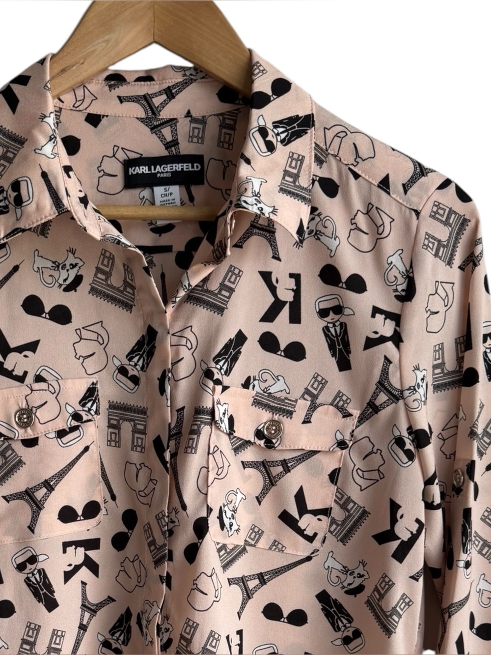 Karl Lagerfeld Paris All Over Print Button Down Shirt Ballet Pink Cat Blouse Sm
